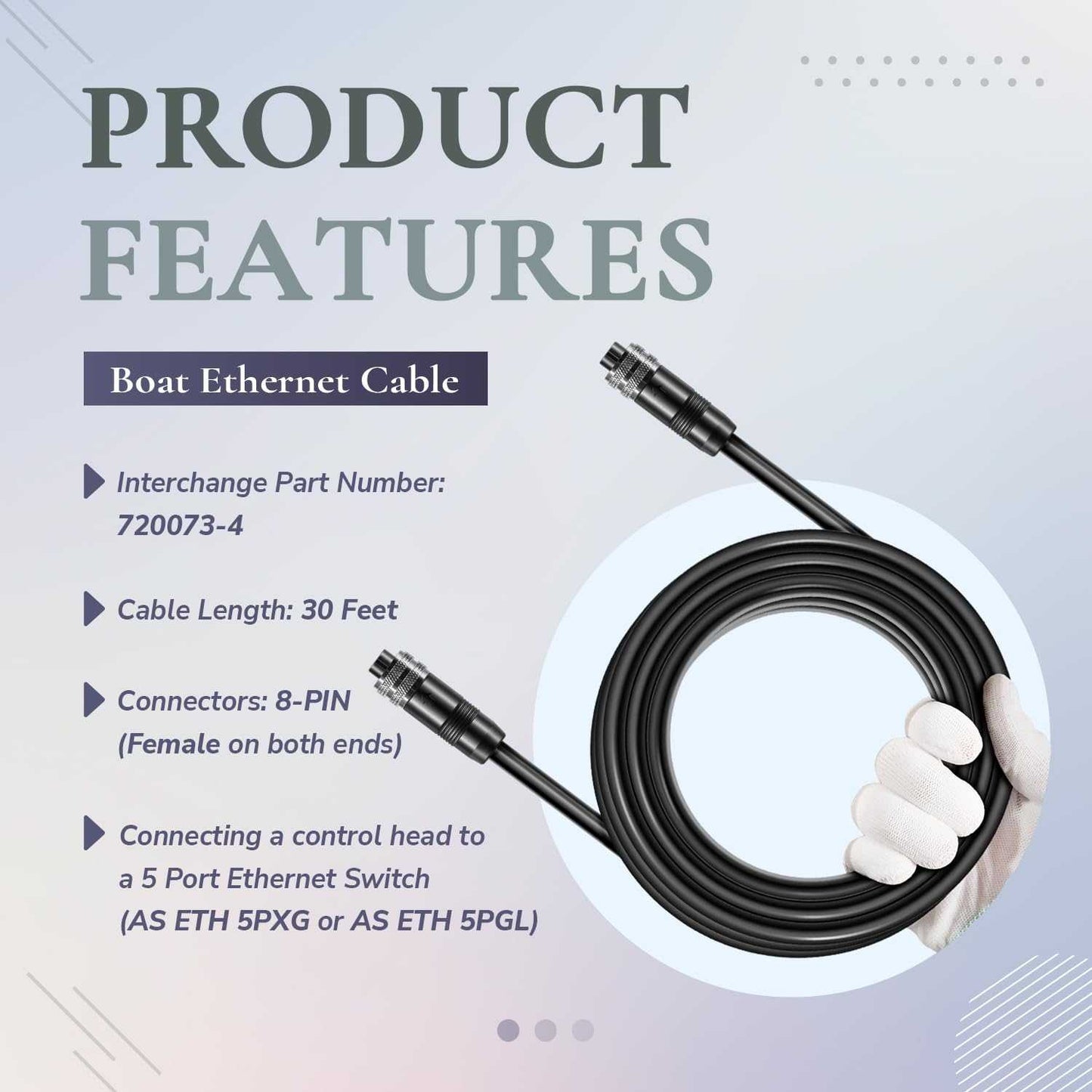 30 Foot Ethernet Cable 7200734 for Humminbird APEX SOLIX Onix ION 1100 900 800 700 HD Series NA250-004