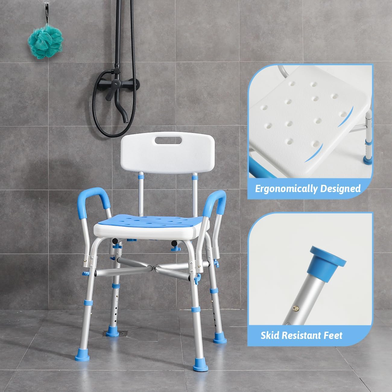 500lb Heavy Duty Shower Chair with Arms Waterproof Adjustable Bath Stool for Seniors