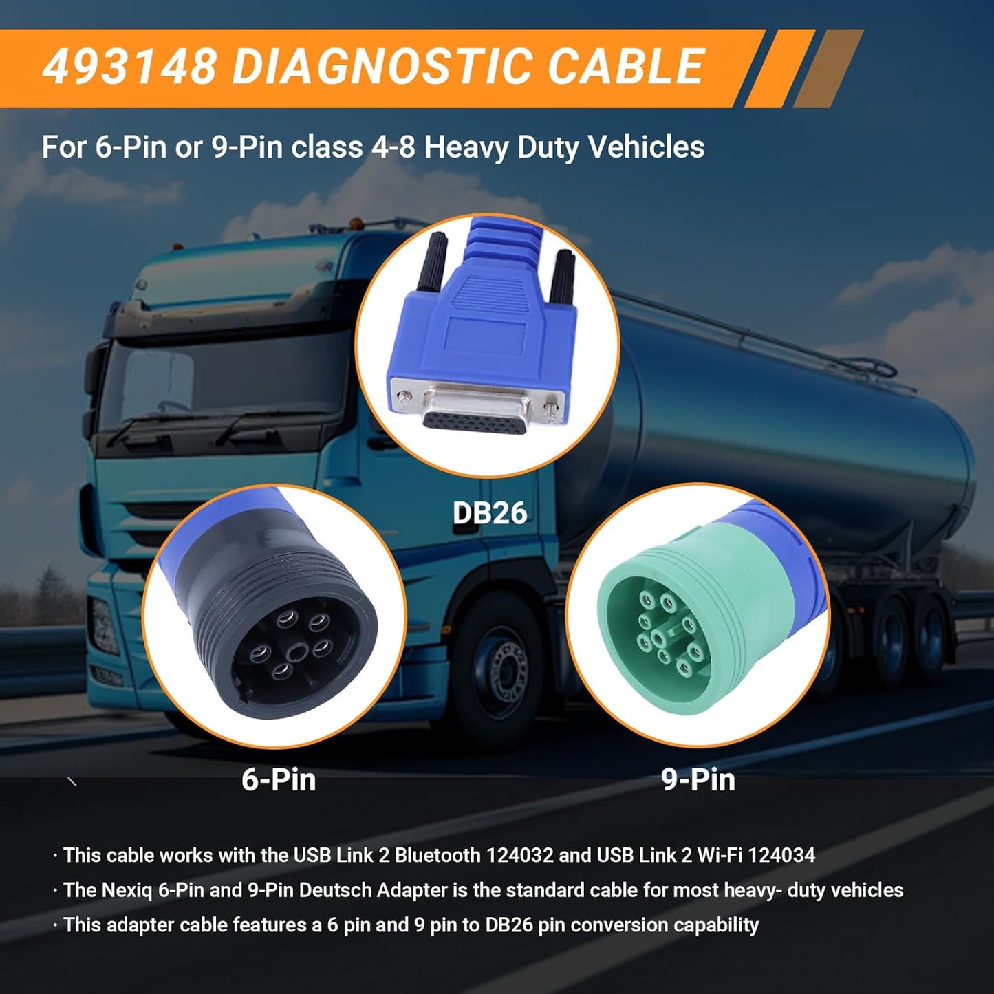 DB26 Nexiq 493148 Diagnostic Cable 6/9-Pin Cummins Adapter for Trucks