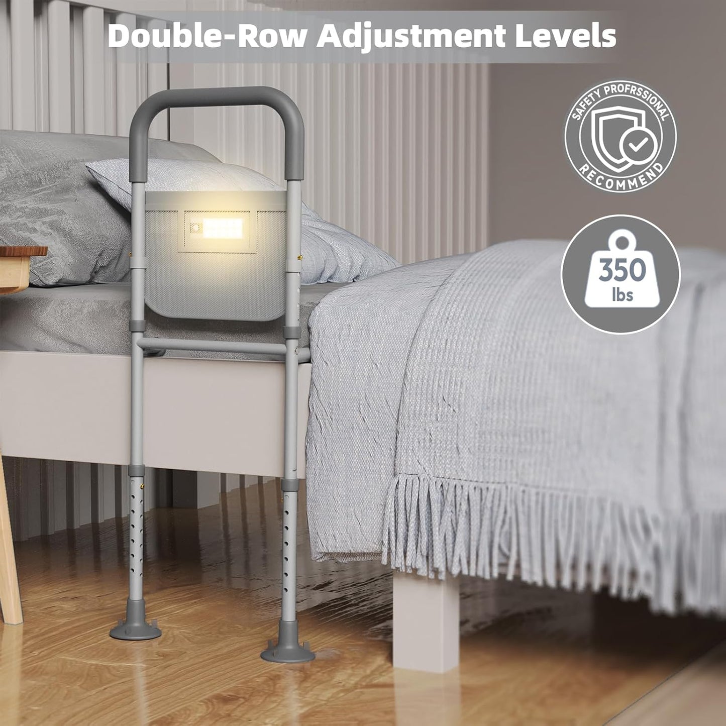 Bed Rails for Elderly Adults Safety with Motion Sensor Light & Storage Bag Adjustable Support Bar for King Queen Full Twin Beds
