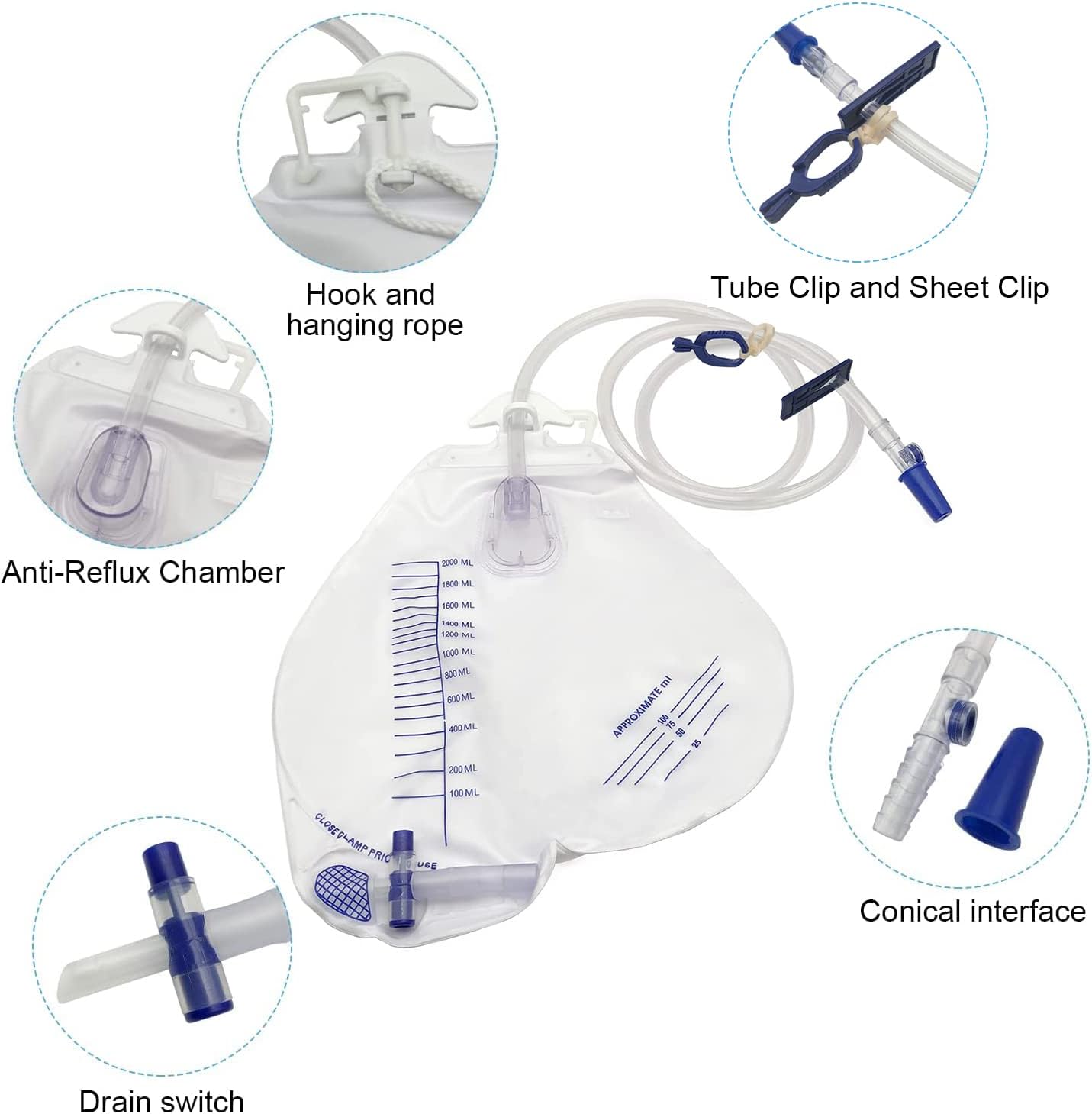 Urinary Drainage Bag Anti-Reflux Chamber 2000mL Volume 48in Tube 5 Pack