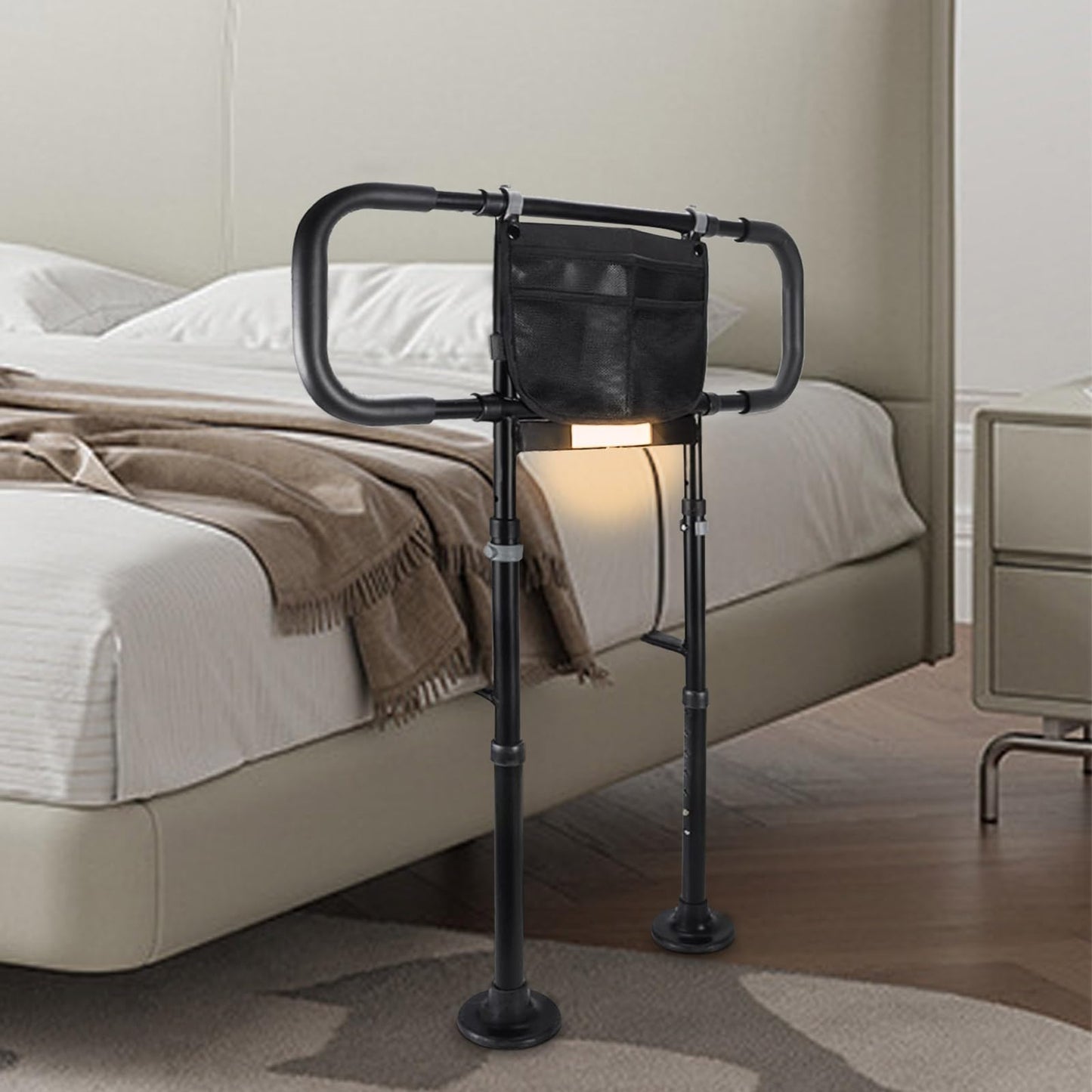Bed Rails for Elderly Safety Adjustable Bed Cane with Storage Non-Slip Handle 400LB Capacity