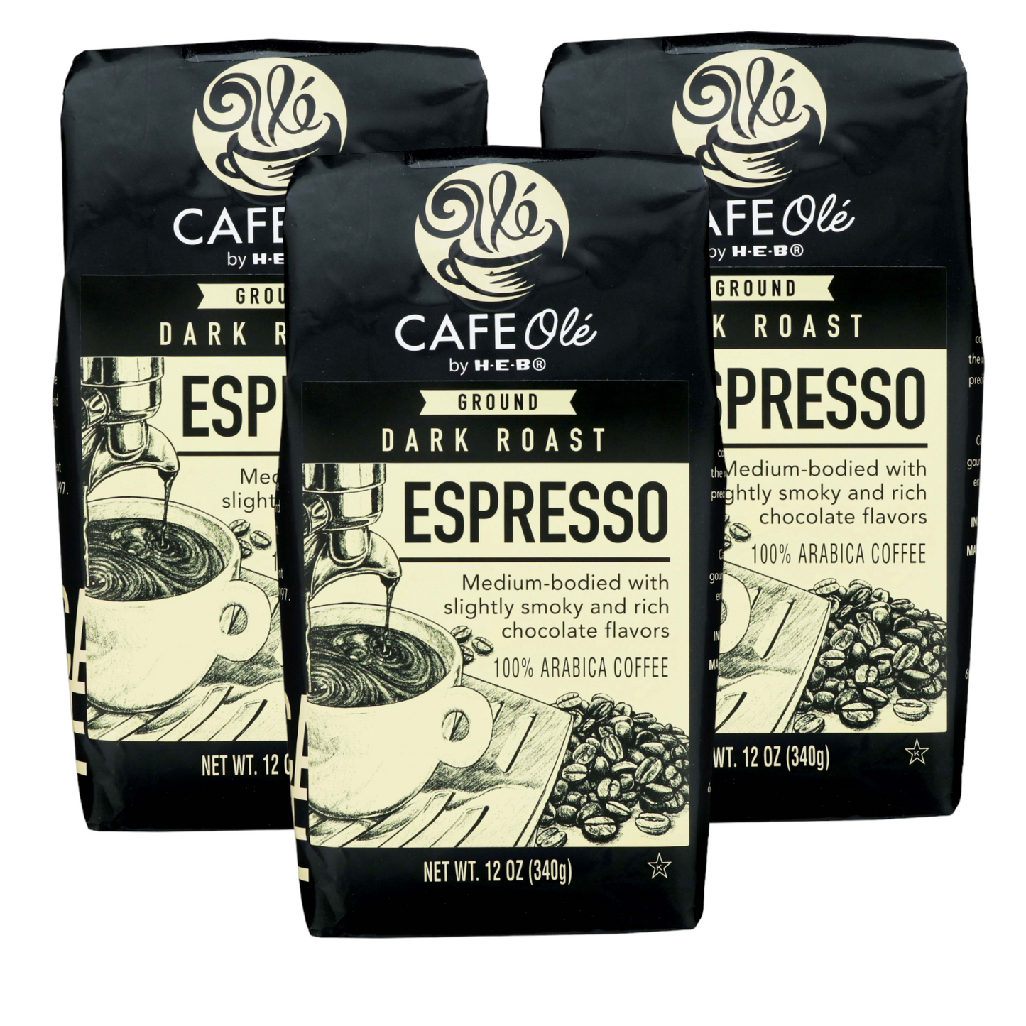 Cafe Ole Espresso Dark Roast Ground Coffee by HEB 12oz (3 bags)