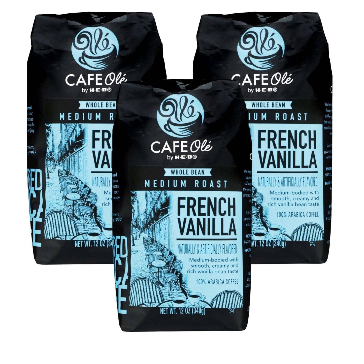 Cafe Ole French Vanilla Whole Bean Medium Roast Coffee by HEB 12oz (3 bags)