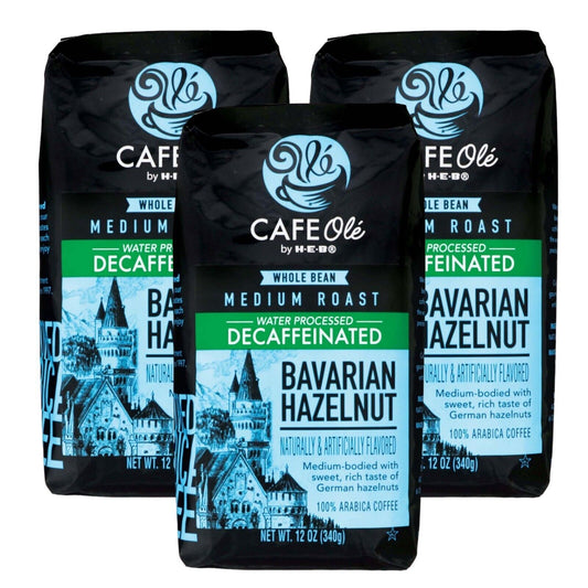 Cafe Ole Bavarian Hazelnut DECAF Whole Bean Medium Roast Coffee by HEB 12oz (3 bags)