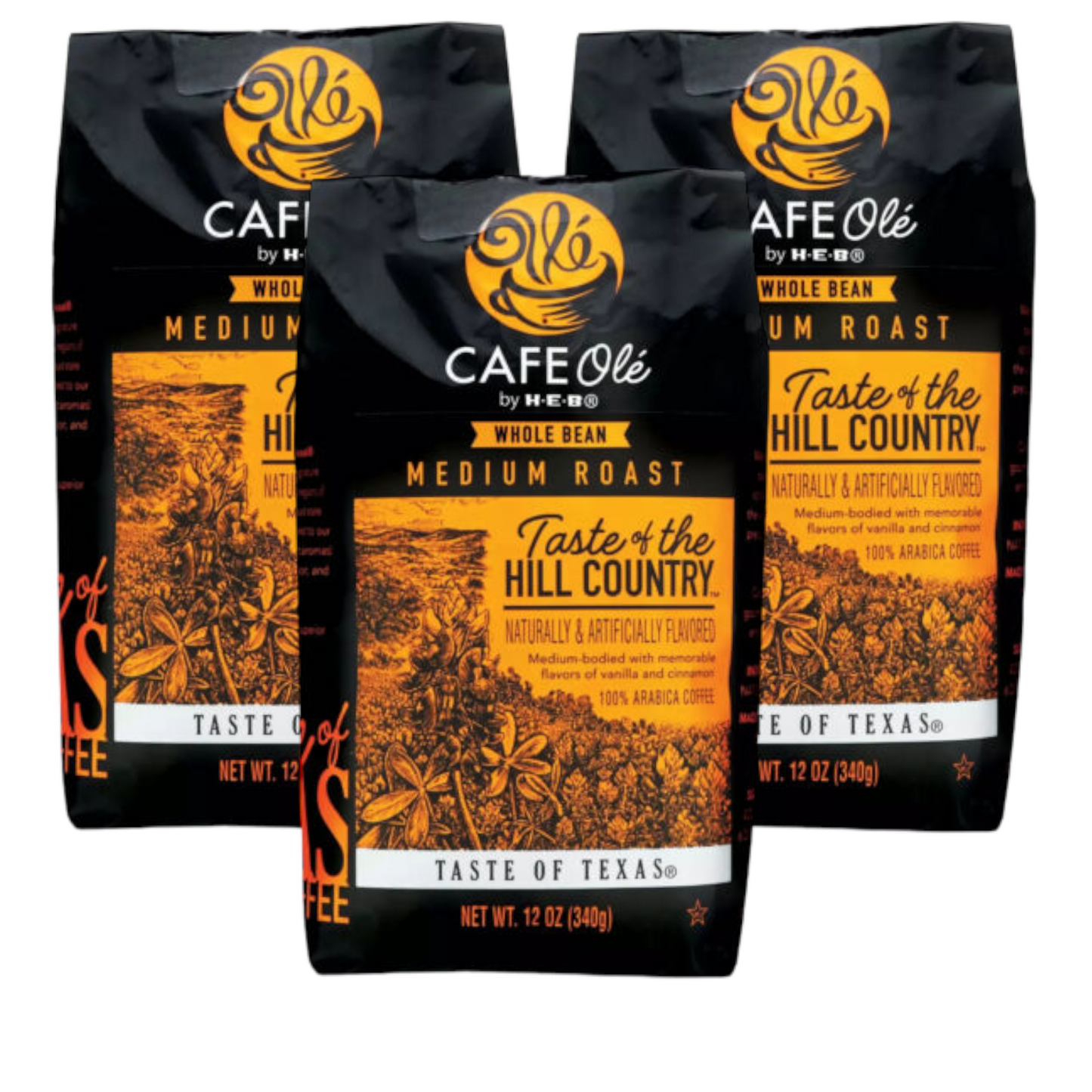 Cafe Ole Taste of The Hill Country Whole Bean Medium Roast Coffee by HEB 12oz (3 bags)