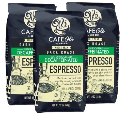 Cafe Ole Espresso Decaf Dark Roast Whole Bean Coffee by HEB 12oz (3 bags)