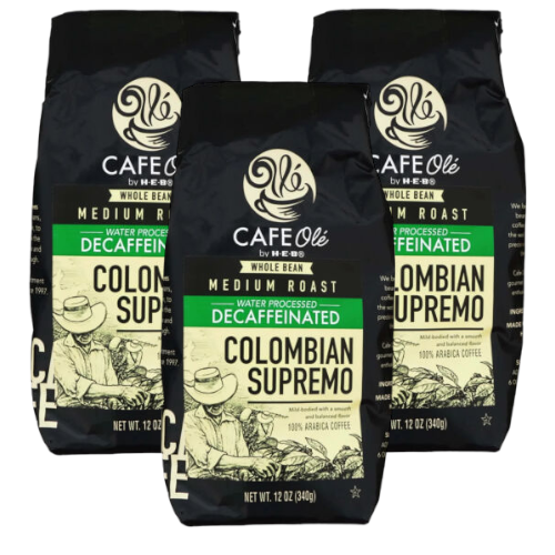 Cafe Ole Colombian Supremo Decaf Whole Bean Medium Roast Coffee by HEB 12oz (3 bags)