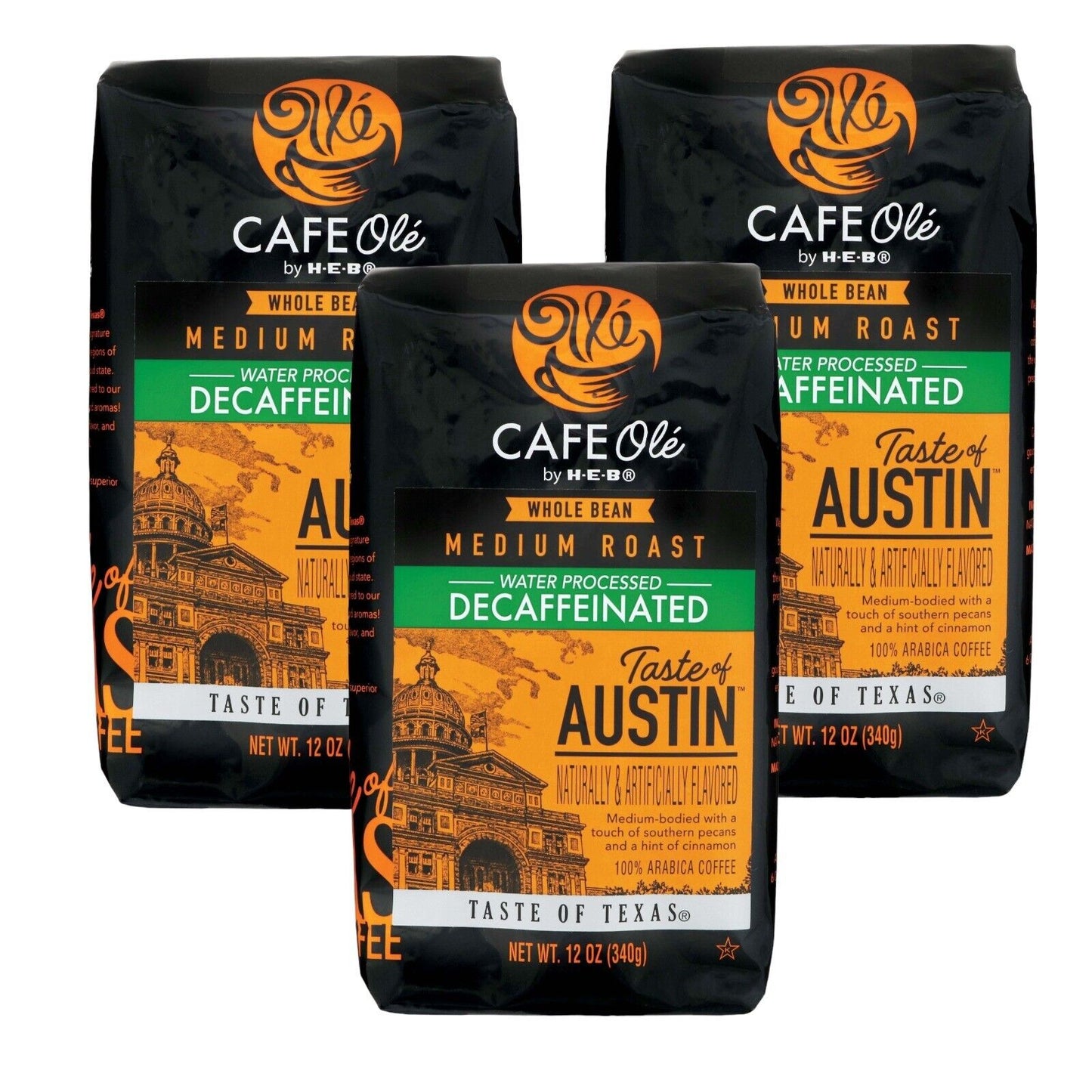 Cafe Ole Taste of Austin DECAF Whole Bean Medium Roast Coffee by HEB 12oz (3 bags)