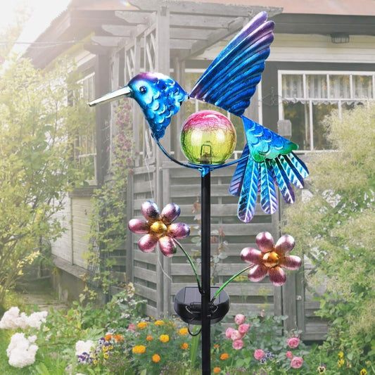 Colorful Hummingbird Solar Stake Lights - LED Crackle Glass Globe for Garden