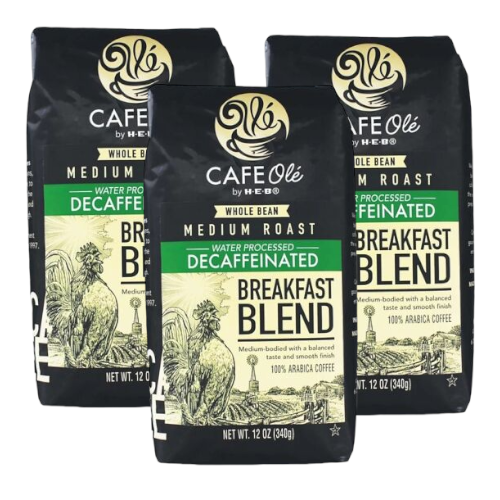 Cafe Ole Breakfast Blend Decaf Whole Bean Medium Roast Coffee by HEB 12oz (3 bags)