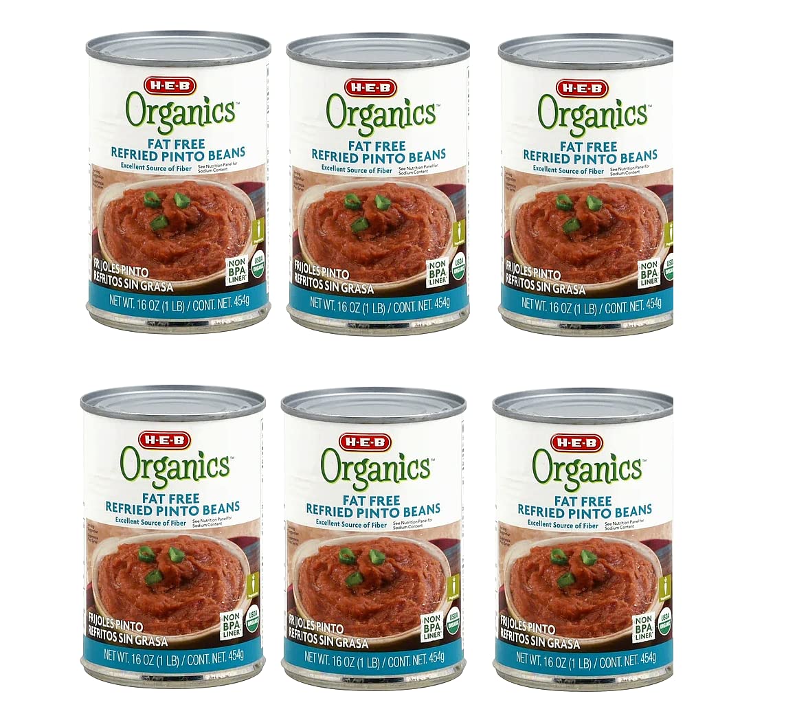 Organic Fat Free Refried Pinto Beans (FRIJOLES PINTO REFRITOS SIN GRASA) 6 Cans NT. WT. 16 oz (1 LB - 454g) BY: H-E-B
