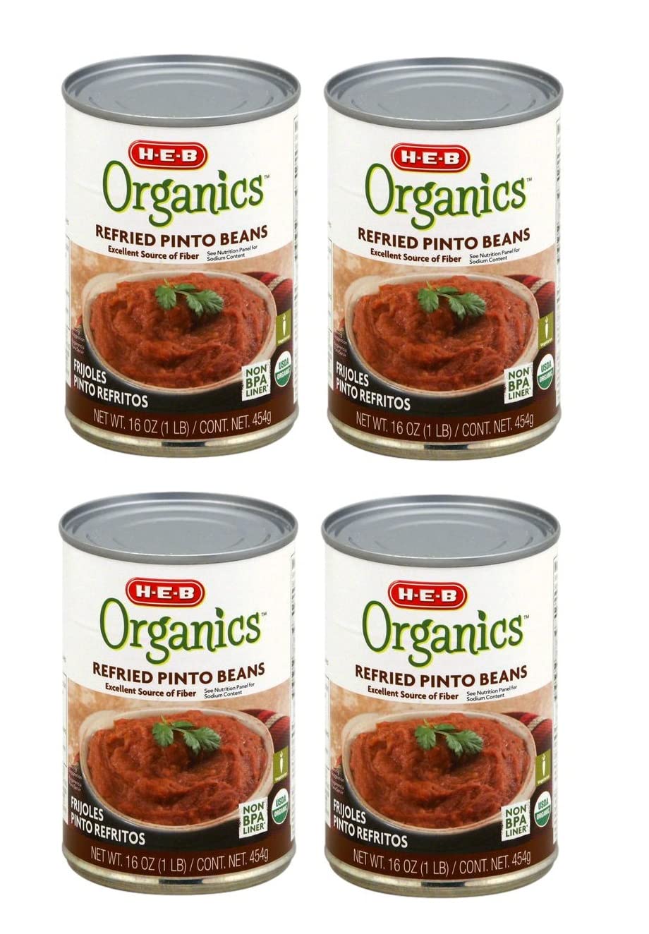 Organic Refried Pinto Beans (FRIJOLES PINTO REFRITOS) 4 Cans NT. WT. 16 oz (1 LB - 454g) BY: H-E-B