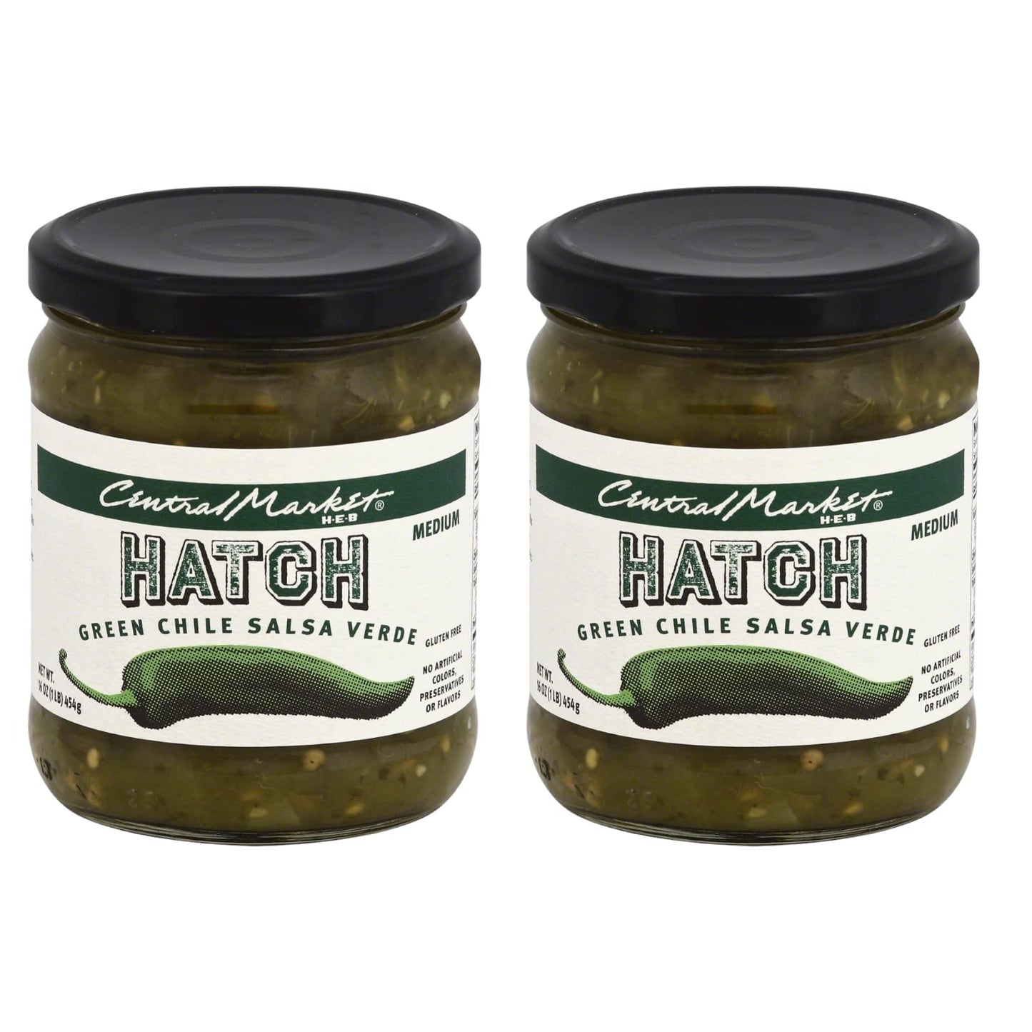 Central Market HEB Salsa 16 Oz (Pack of 2) (Hatch Green Chili Salsa Verde - Medium)