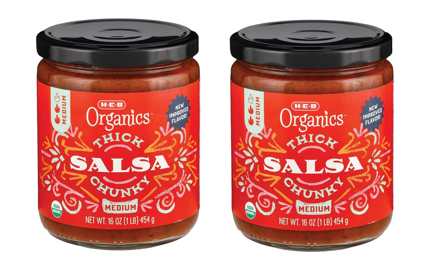 Organic Thick N' Chunky Medium Salsa, 2 Glass Jars NT. WT 16 oz. (1LB) each Jar. By HEB