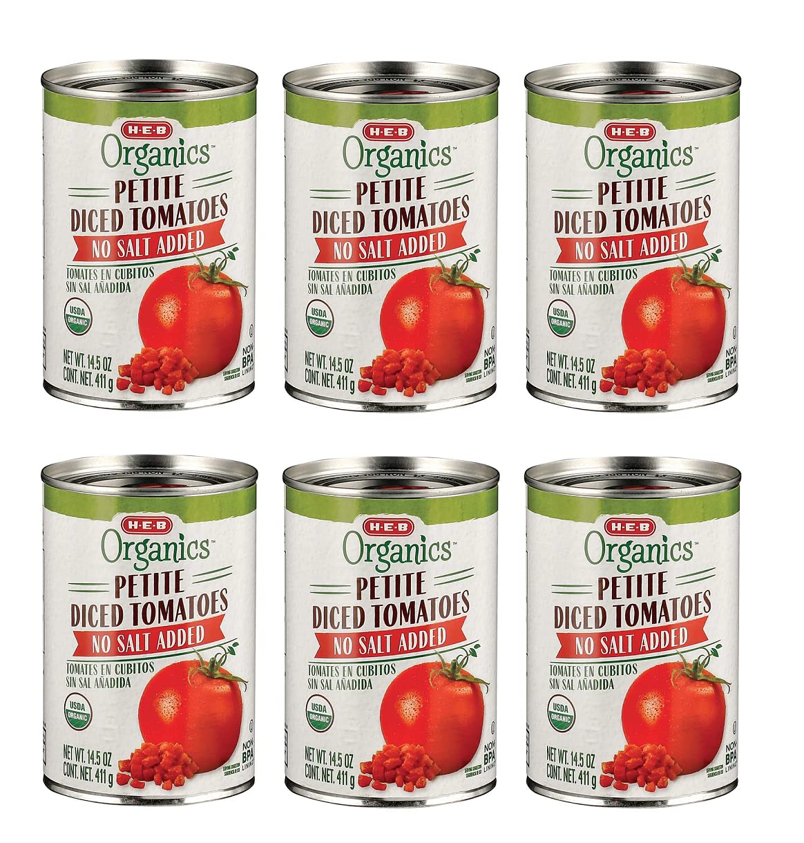 ORGANICS Petite Diced Tomatoes No Salt Added (TOMATES EN CUBITOS SIN SAL ANADIDA) 6 Cans NT. WT. 14.5 oz. (411g)