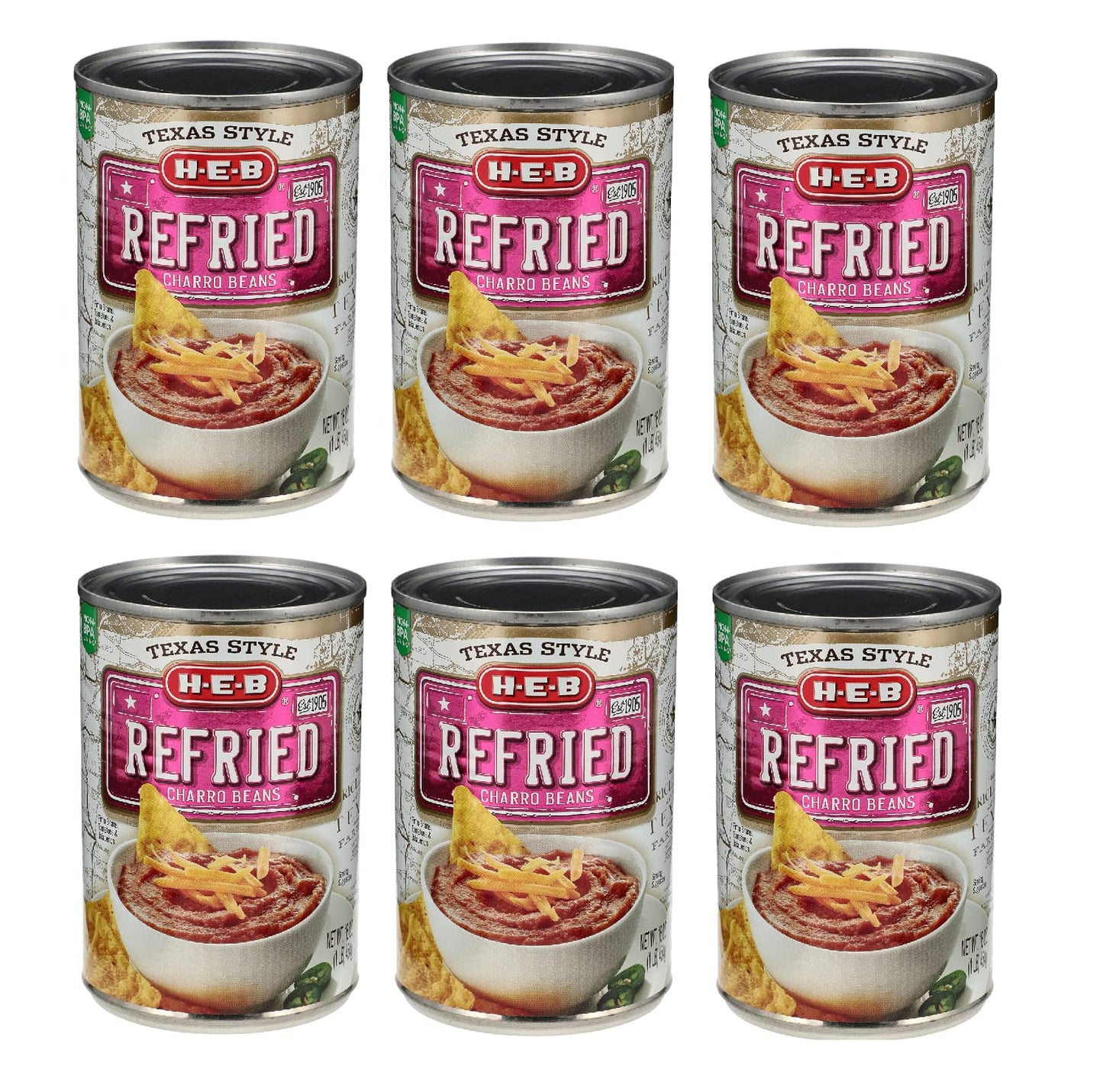 HEB Texas Style Refried Charro Beans 16 oz (6 cans)