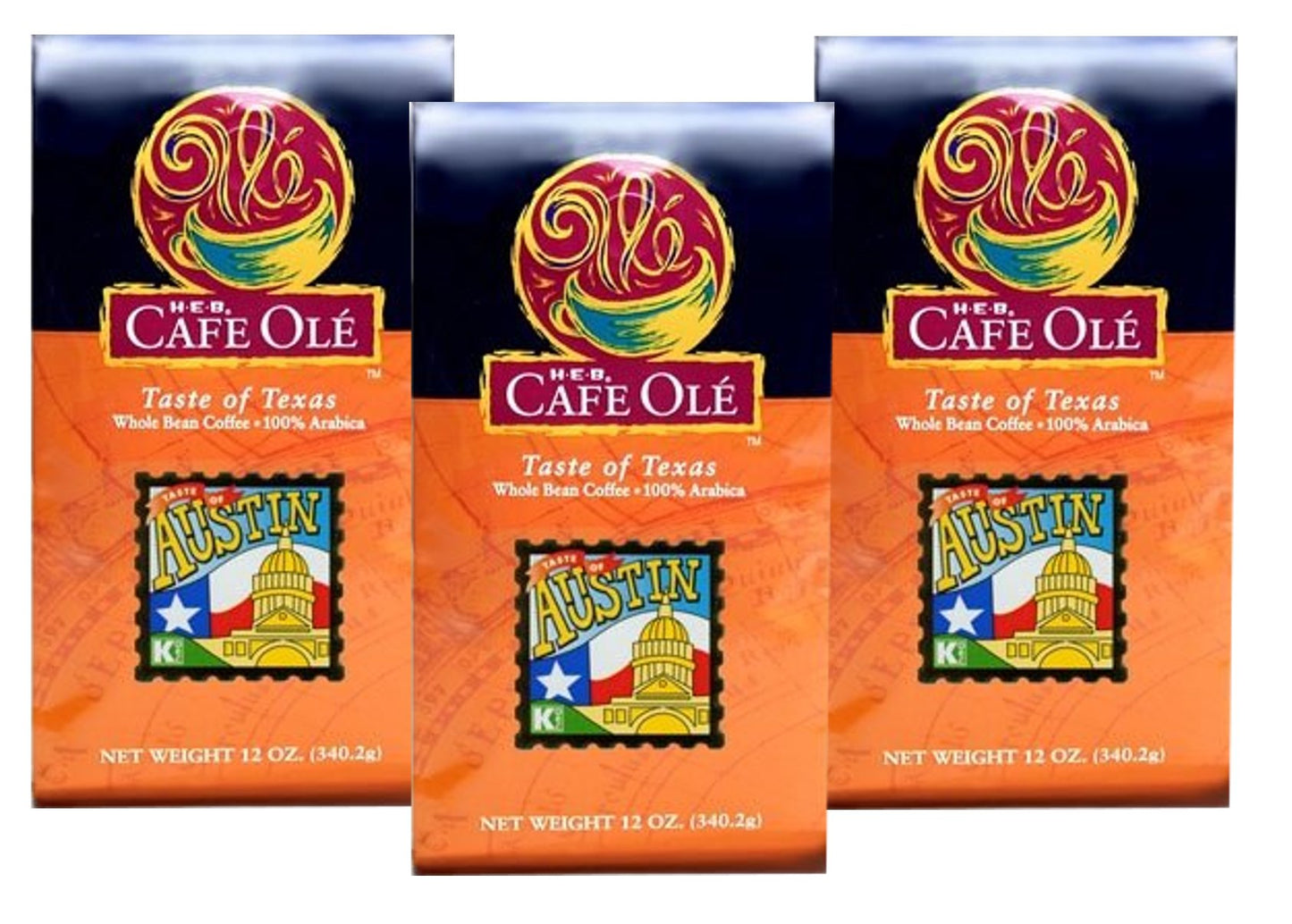 HEB Cafe Ole Taste of Texas Whole Bean Coffee 12oz Bag (Pack of 3) (Taste of Austin Medium Roast - Nutty Flavor with a Hint of Cinnamon)