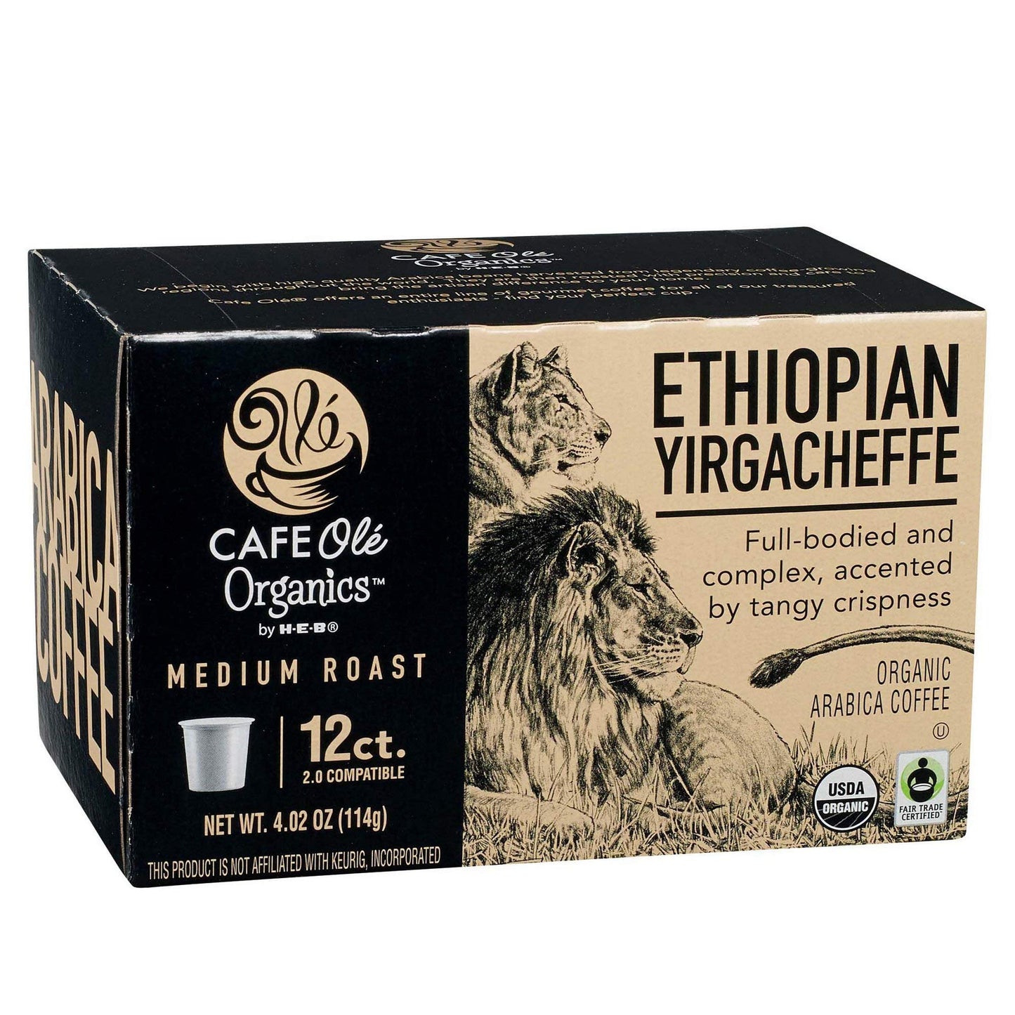 Cafe Ole Organic Ethiopian Yirgacheffe Medium Roast Single Serve Coffee Cups, 2 Pack