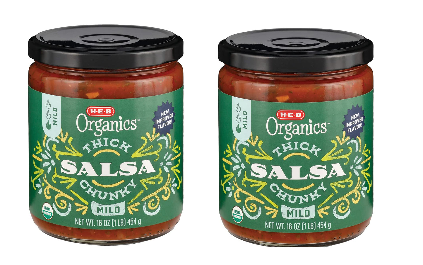 Organic Thick N' Chunky Mild Salsa, 2 Glass Jars NT. WT 16 oz. (1LB) each Jar. By HEB