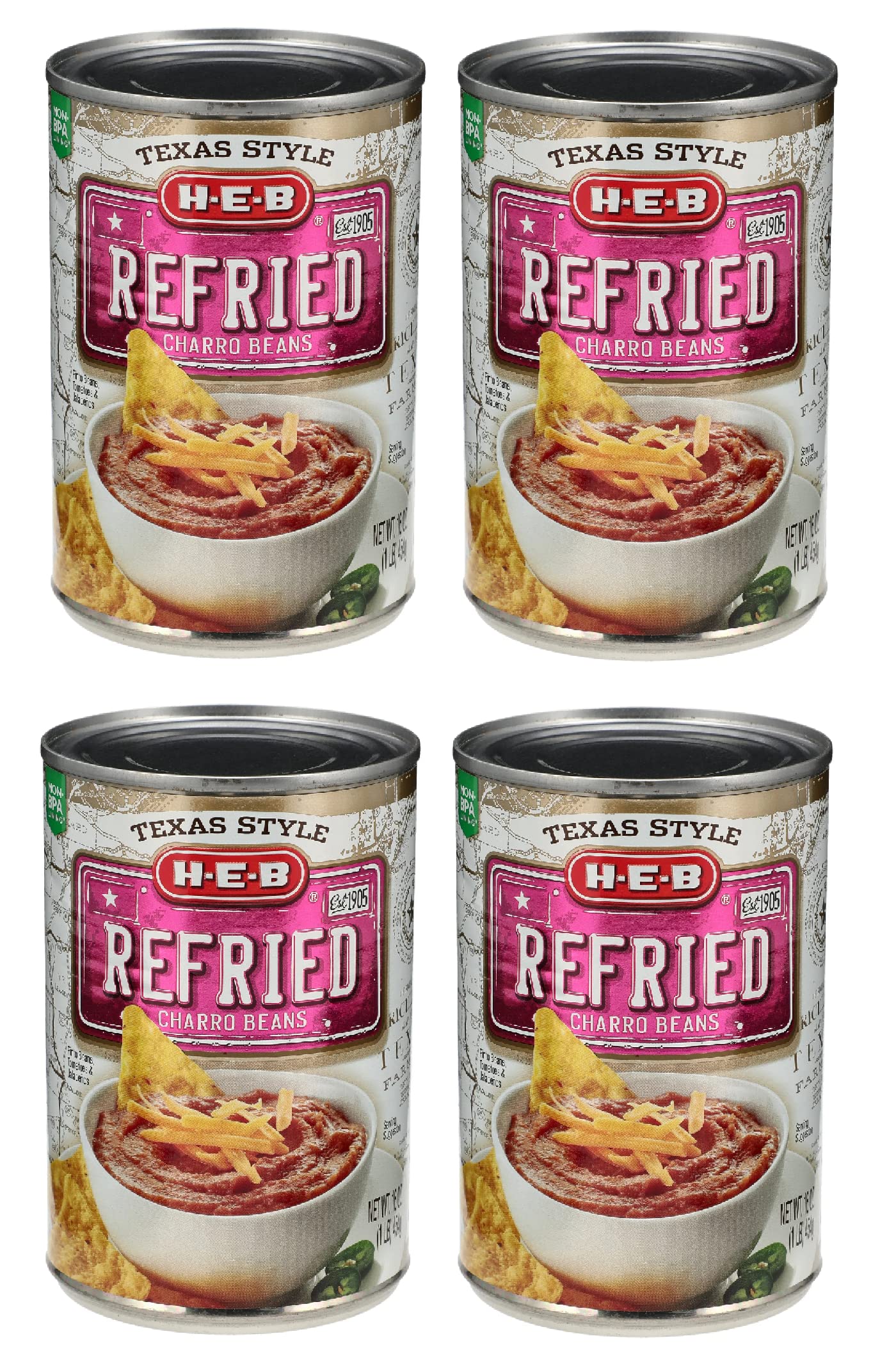 Texas Style Refried Charro Beans 4 Cans 16 oz (1 LB - 454g) BY: HEB