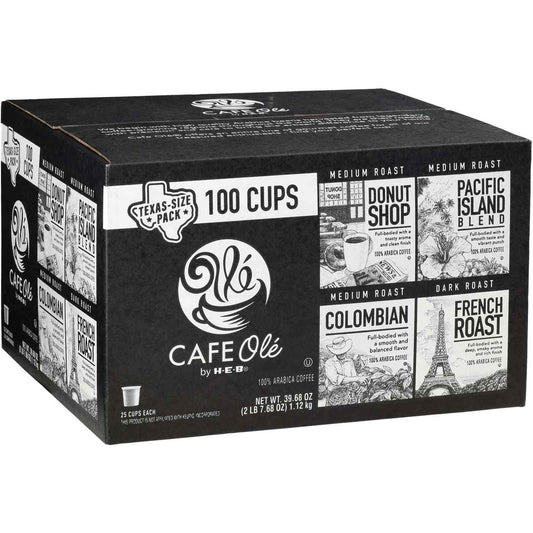 HEB Cafe Ole Donut Shop, Pacific Island, Colombian, French Roast Coffee Single Serve Cups 100 ct