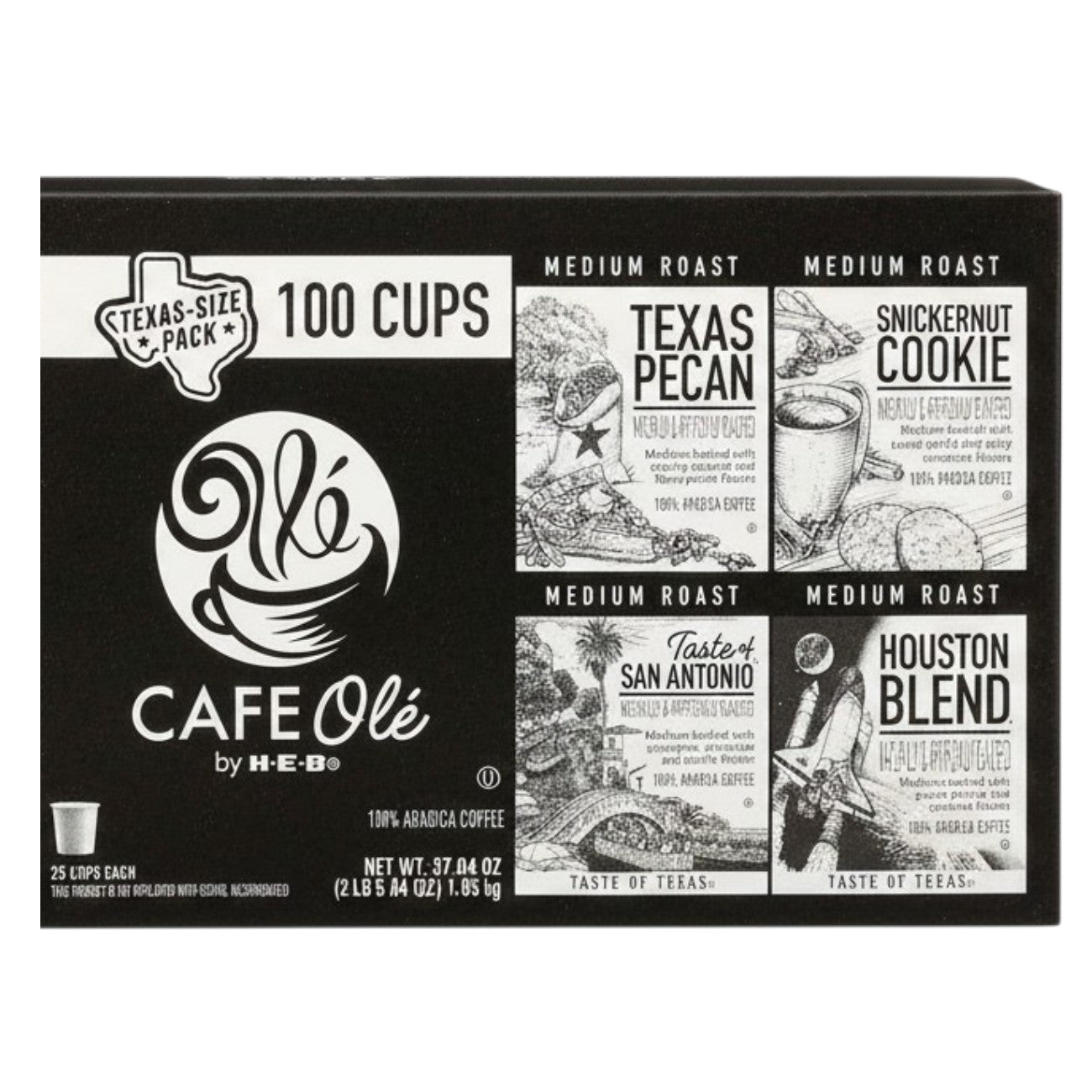 CAFE Ole by H-E-B Coffee Variety Pack (Texas Pecan, Snickernut Cookie, Taste of San Antonio, Houston Blend) Single Serve Pods, 100-Count