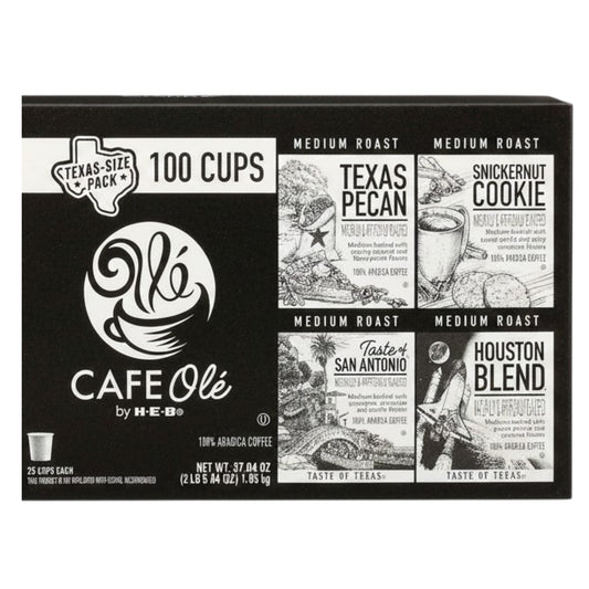 CAFE Ole by H-E-B Coffee Variety Pack (Texas Pecan, Snickernut Cookie, Taste of San Antonio, Houston Blend) Single Serve Pods, 100-Count