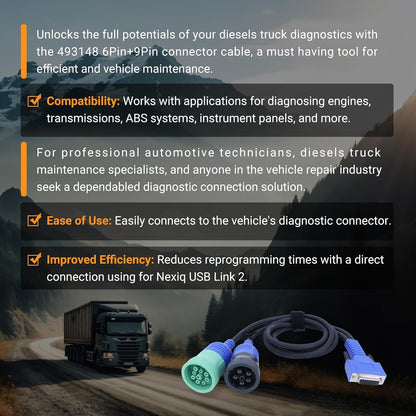 DB26 Nexiq 493148 Diagnostic Cable 6/9-Pin Cummins Adapter for Trucks