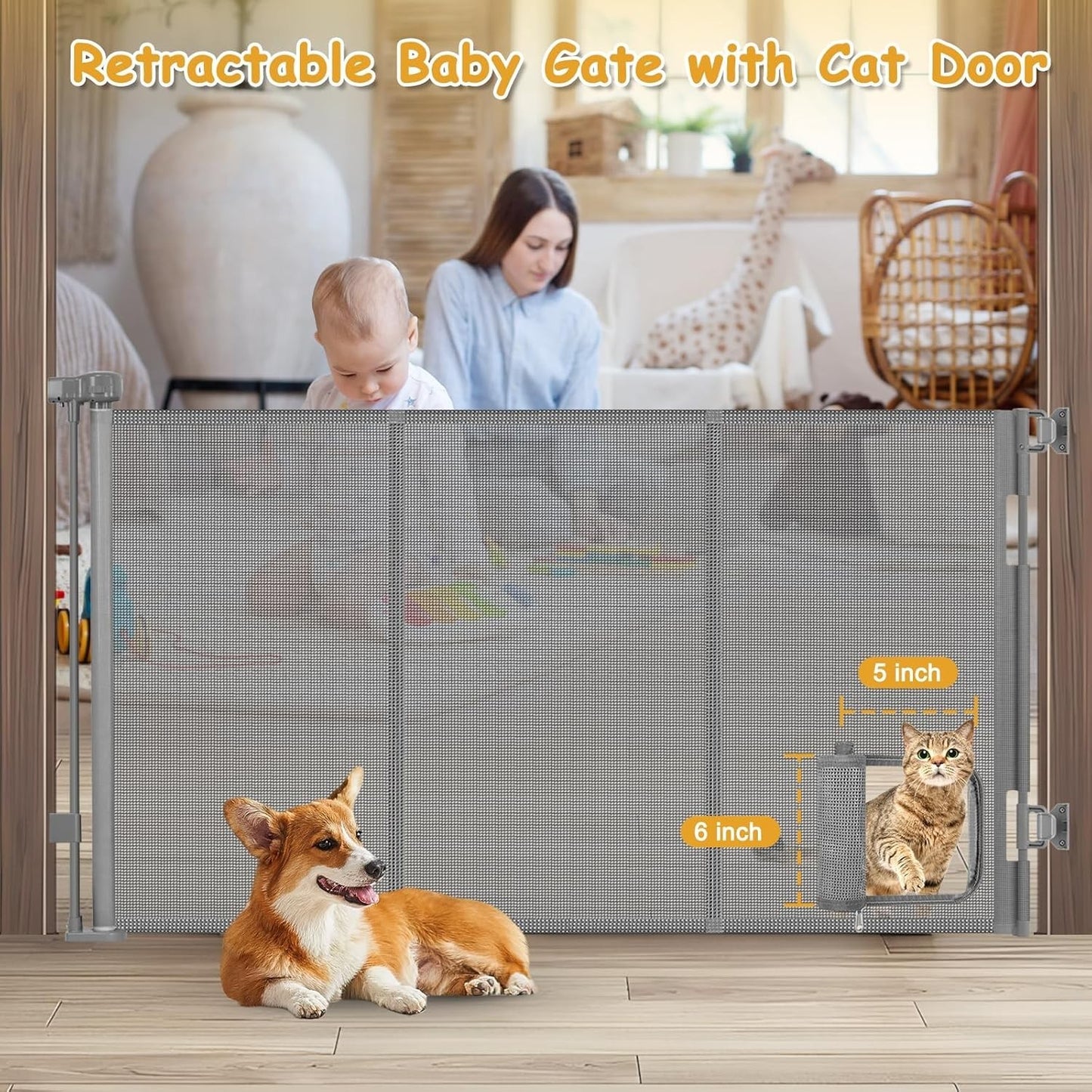 Retractable Baby Gate 33" Tall with Cat Door Extra Wide Mesh Dog Gate for Stairs