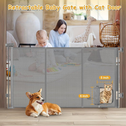 Retractable Baby Gate 33" Tall with Cat Door Extra Wide Mesh Dog Gate for Stairs