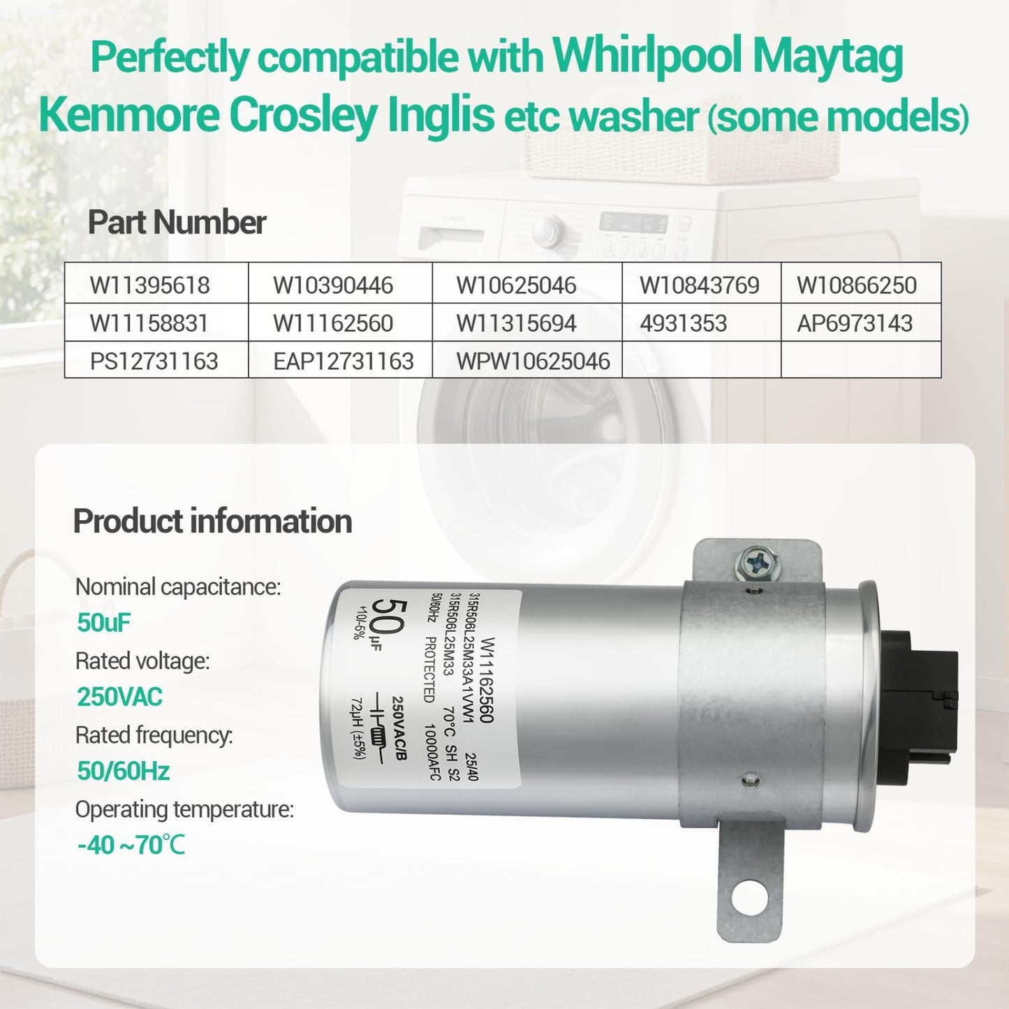 For Whirlpool Washer Capacitor W11395618 W11162560 W10390446 W11158831