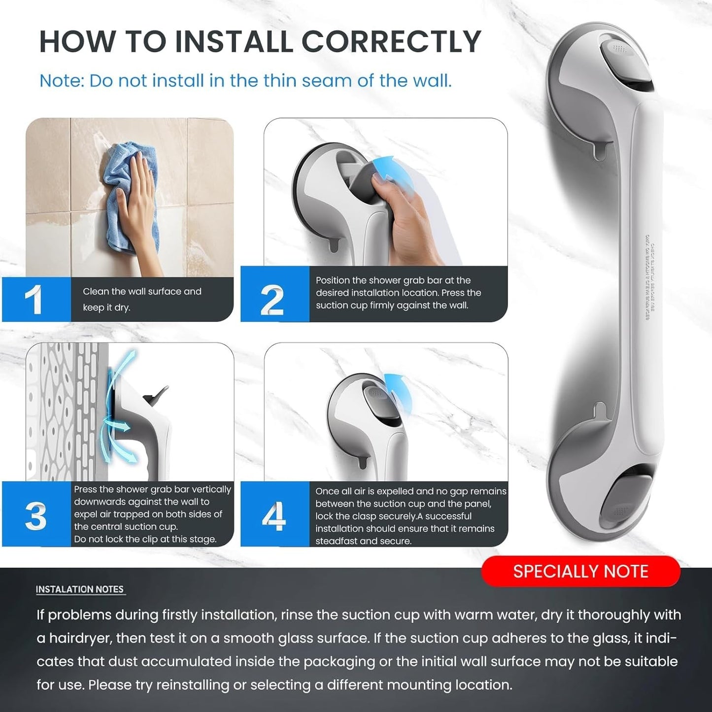 Grab Bars for Bathtubs and Showers, Heavy Duty Shower Handle 2 Pack 16 Inch Suct