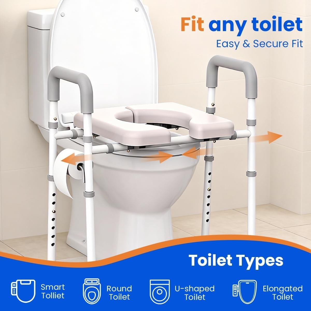 Raised Toilet Seat with Handles Height & Width Adjustable Fits Any Toilet 400 lb