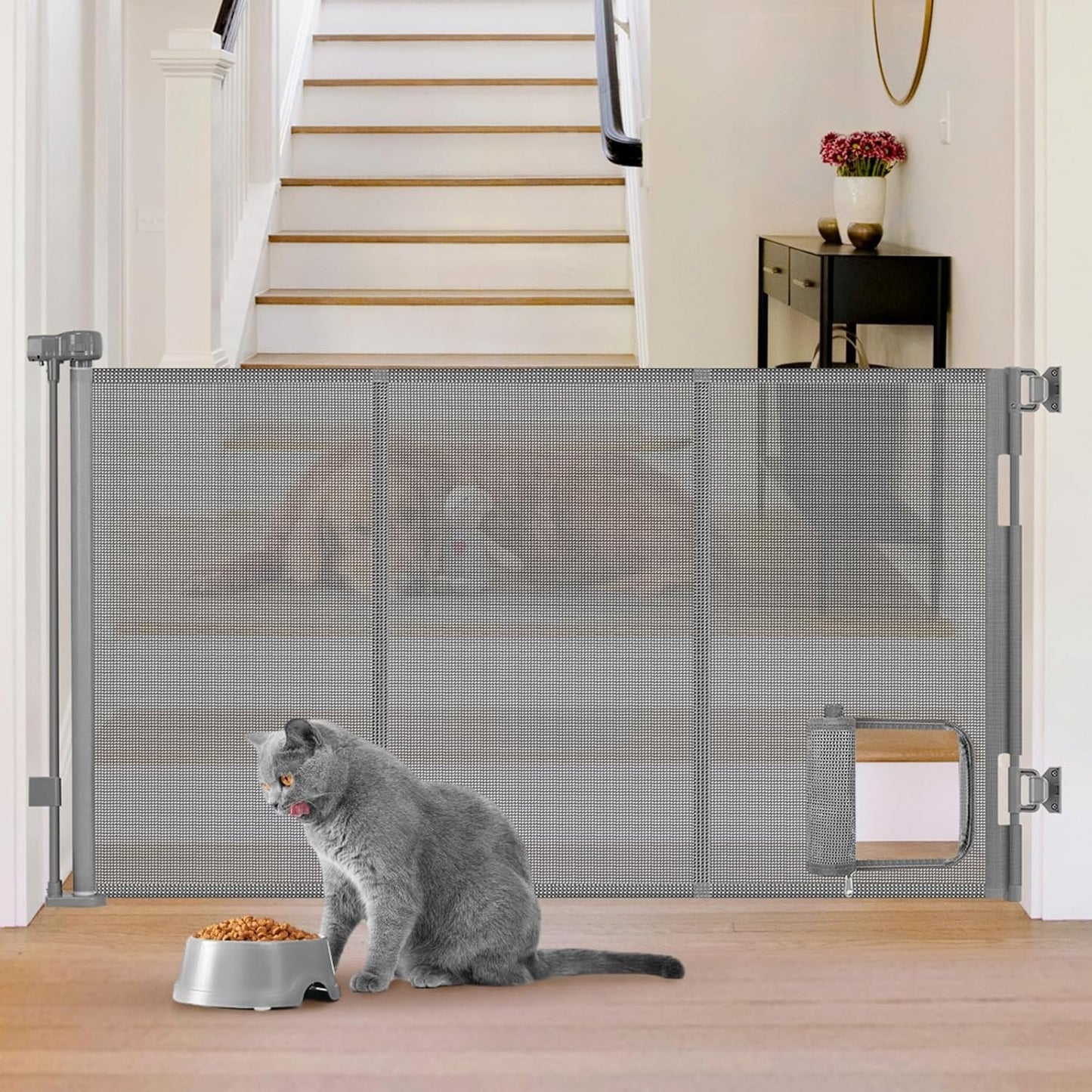 Retractable Baby Gate 33" Tall with Cat Door Extra Wide Mesh Dog Gate for Stairs