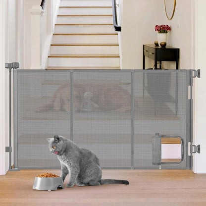 Retractable Baby Gate 33" Tall with Cat Door Extra Wide Mesh Dog Gate for Stairs