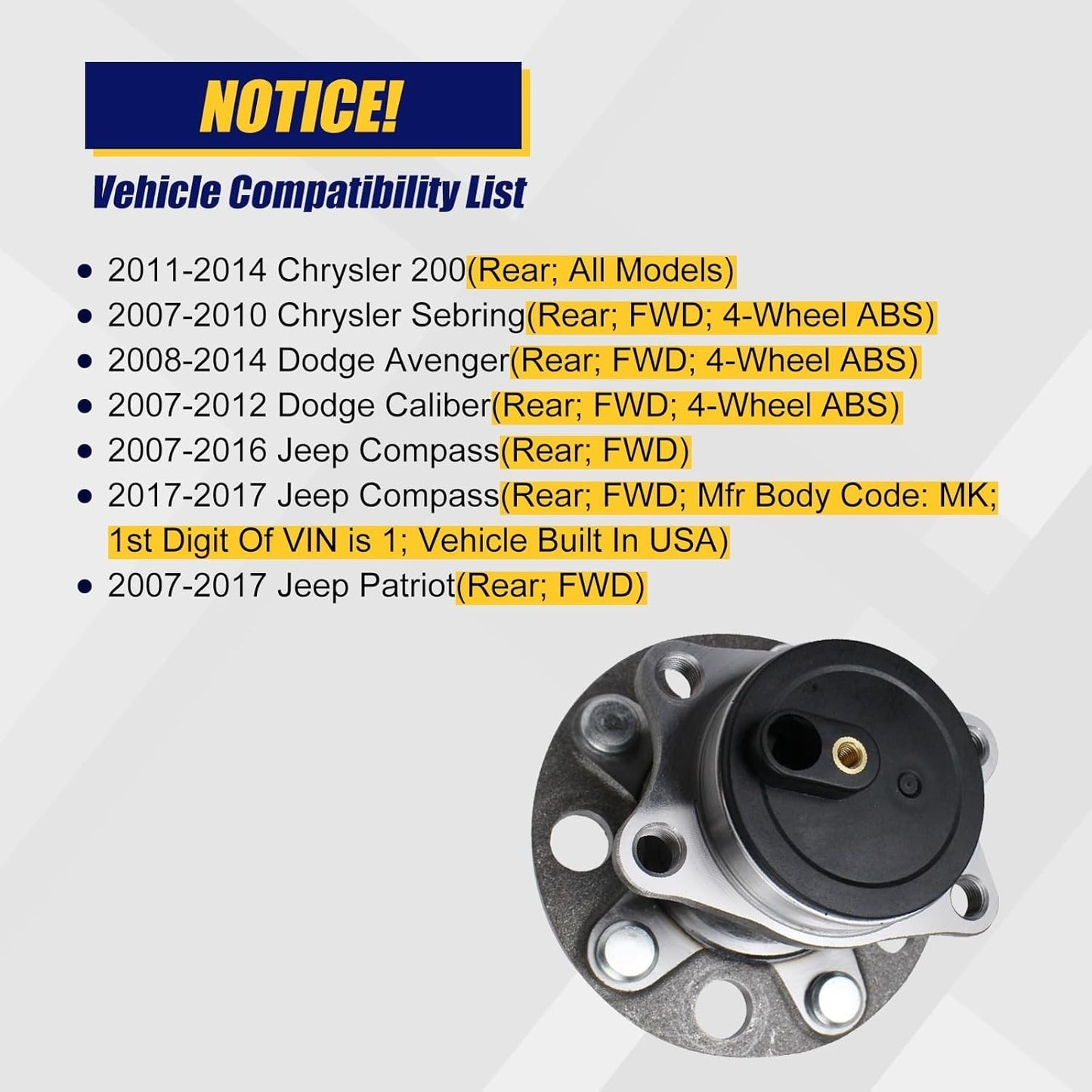 Rear Right Wheel Hub Bearing Assembly  For Jeep Patriot 2007-2017 512332