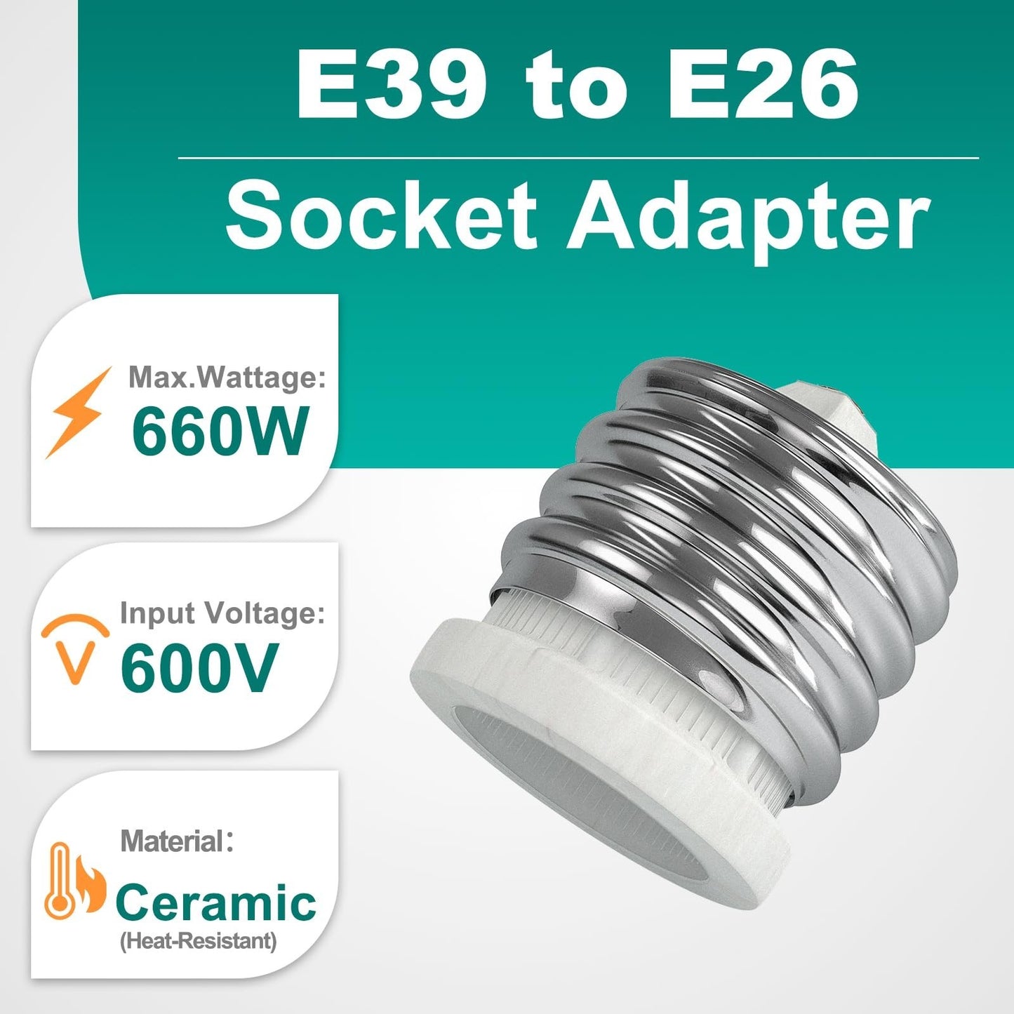 E39 to E26 Socket Adapter Ceramic Mogul to Medium Base Converter UL 10‑Pack