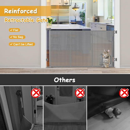 Retractable Baby Gate 33" Tall with Cat Door Extra Wide Mesh Dog Gate for Stairs