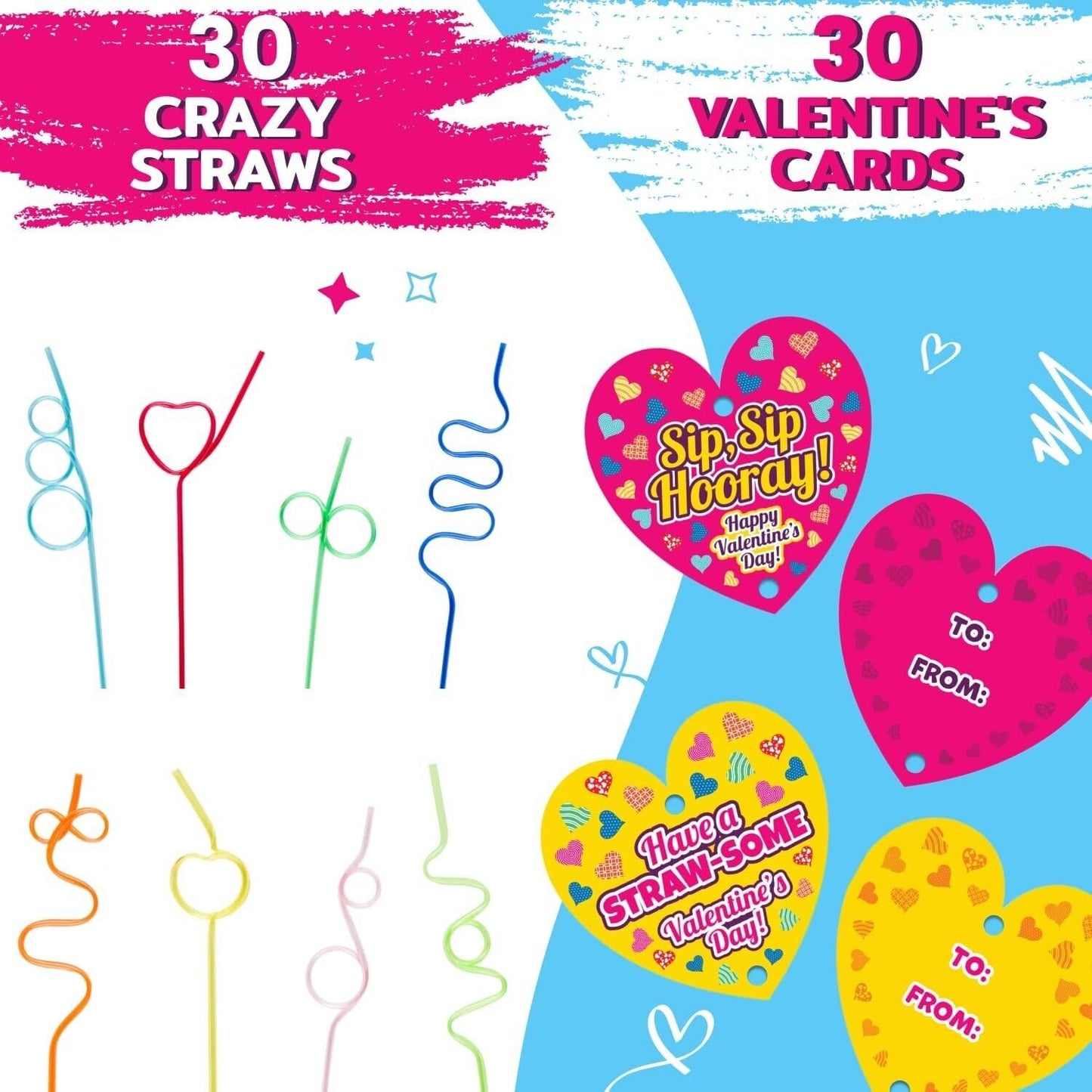 30 Crazy Straws and 30 Valentine's Day Cards for Kids' School Classroom