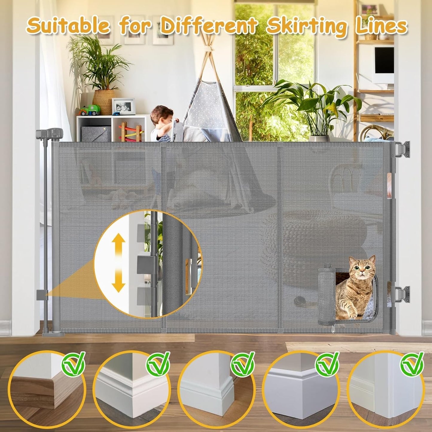Retractable Baby Gate 33" Tall with Cat Door Extra Wide Mesh Dog Gate for Stairs