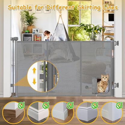 Retractable Baby Gate 33" Tall with Cat Door Extra Wide Mesh Dog Gate for Stairs