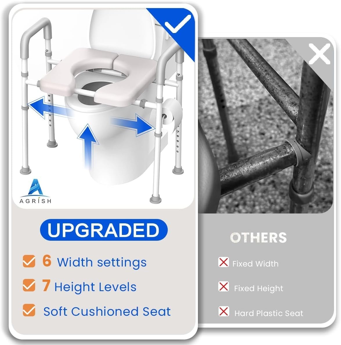 Raised Toilet Seat with Handles Height & Width Adjustable Fits Any Toilet 400 lb