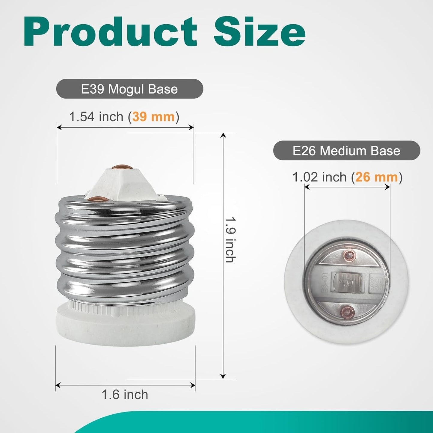 E39 to E26 Socket Adapter Ceramic Mogul to Medium Base Converter UL 10‑Pack