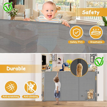 Retractable Baby Gate 33" Tall with Cat Door Extra Wide Mesh Dog Gate for Stairs