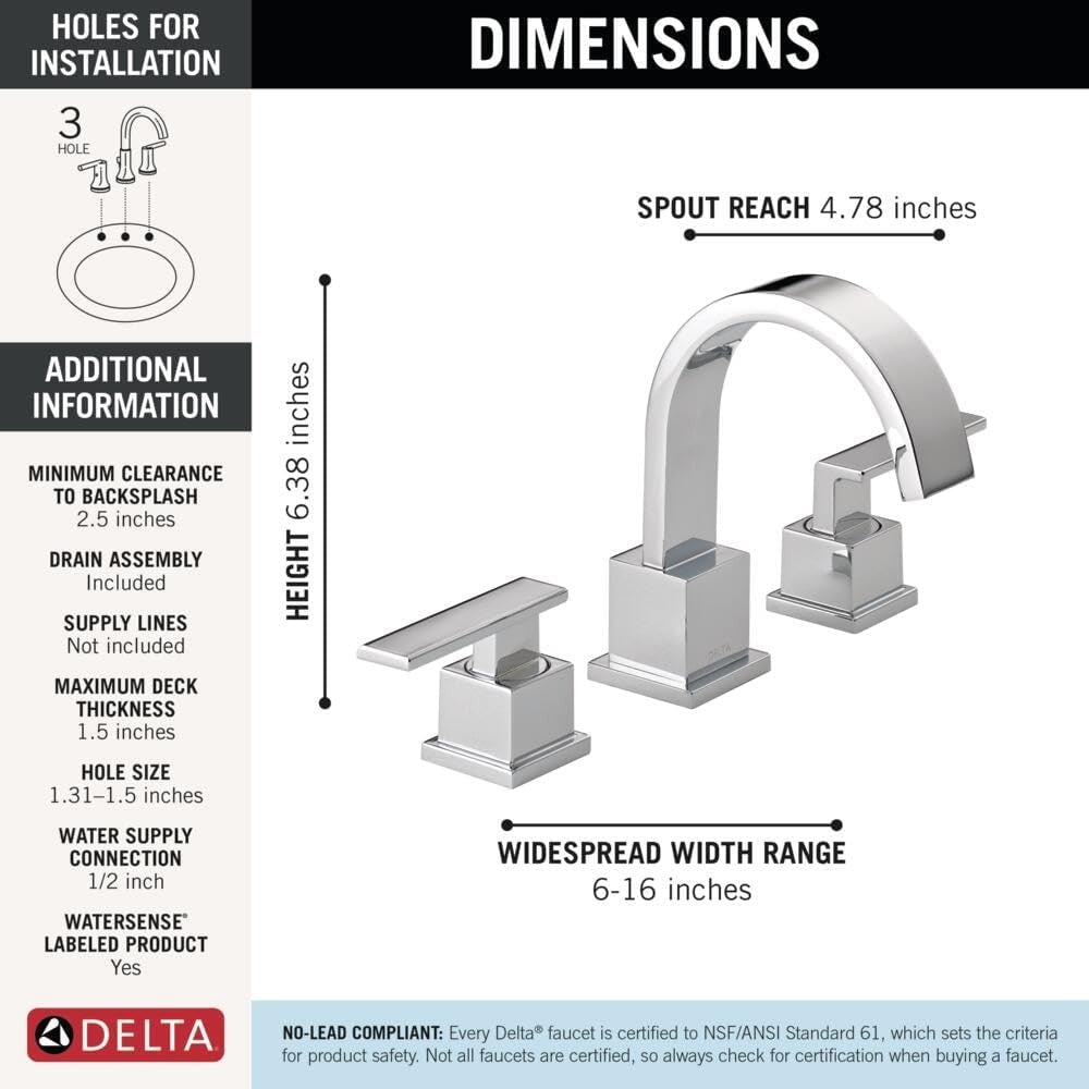 Delta Vero Widespread Bathroom Faucet Chrome 3553LF 3‑Hole Pop‑Up Drain