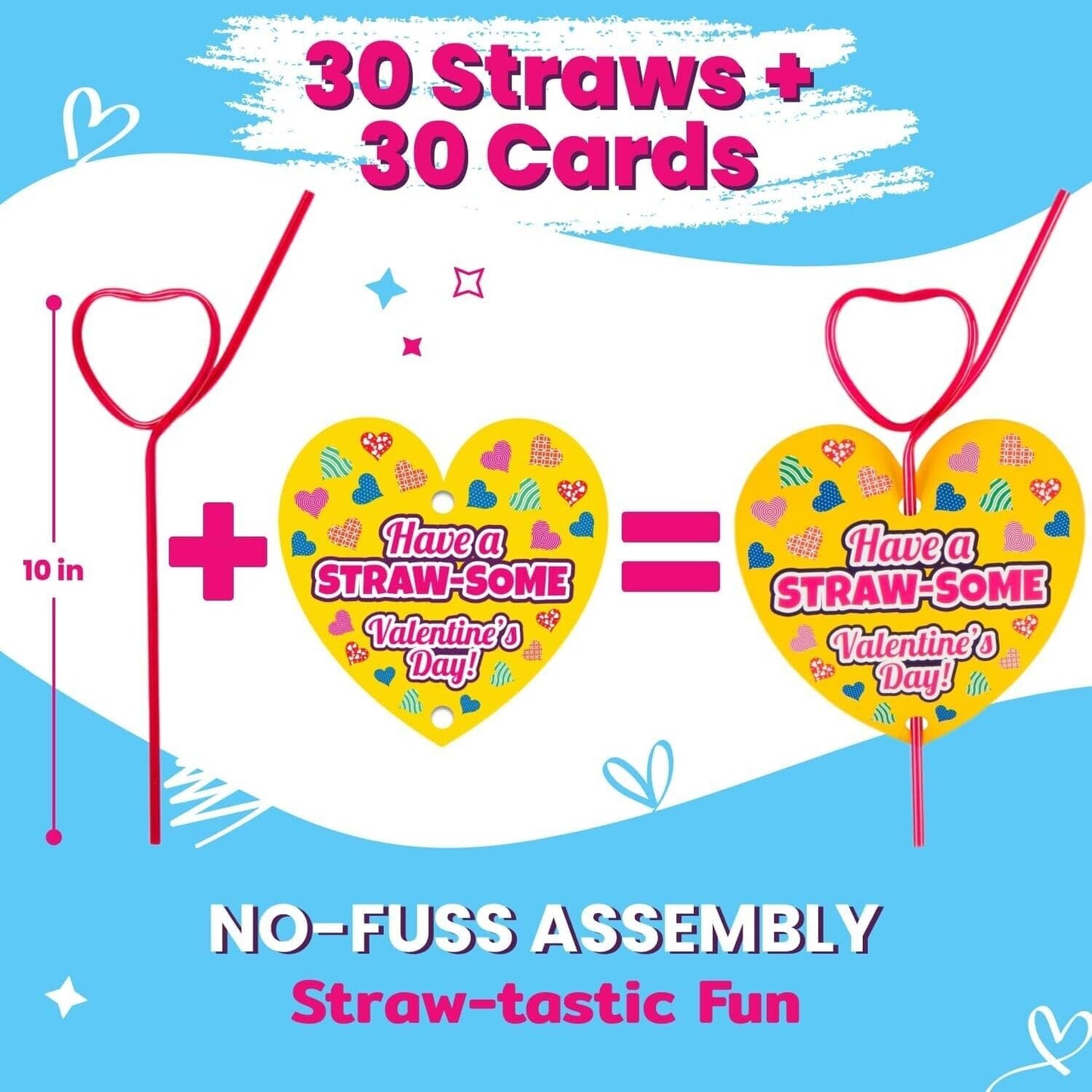 30 Crazy Straws and 30 Valentine's Day Cards for Kids' School Classroom