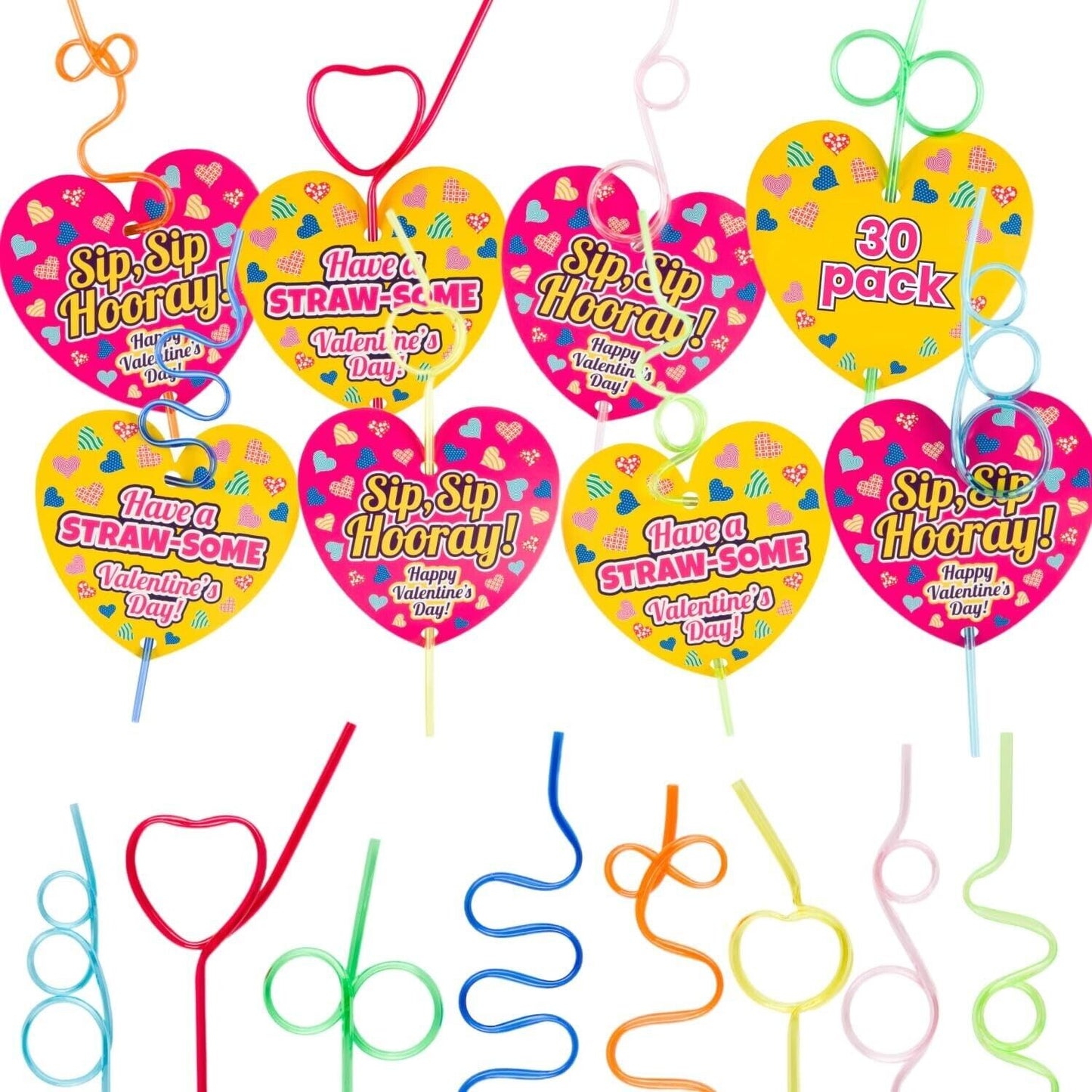 30 Crazy Straws and 30 Valentine's Day Cards for Kids' School Classroom