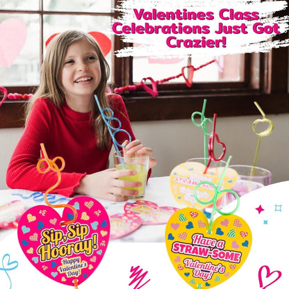 30 Crazy Straws and 30 Valentine's Day Cards for Kids' School Classroom