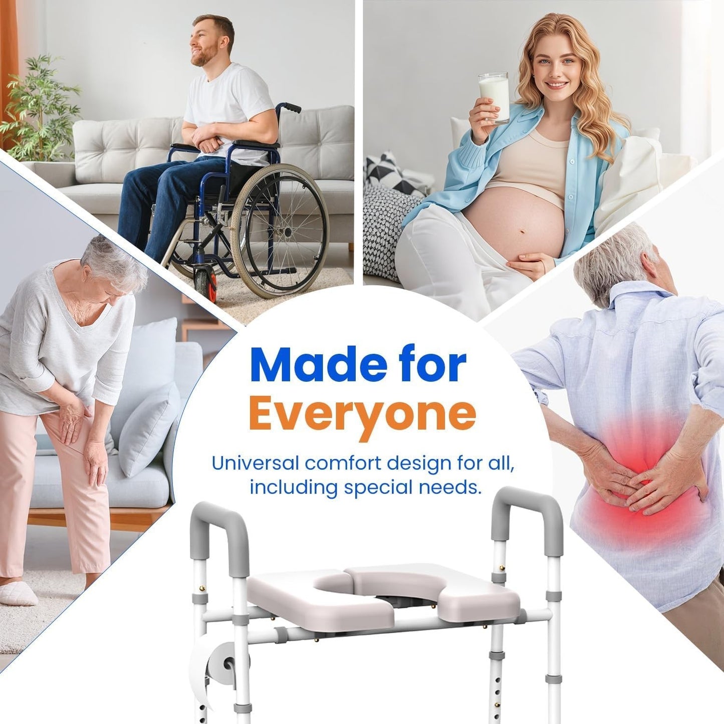 Raised Toilet Seat with Handles Height & Width Adjustable Fits Any Toilet 400 lb